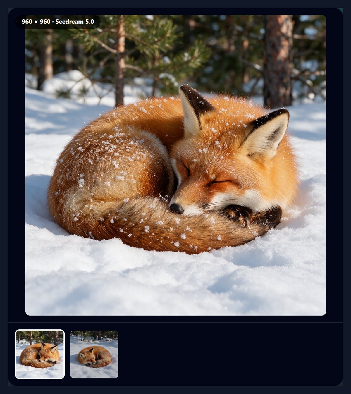 The AI image generator showing the second fox take, with both takes as small pictures below