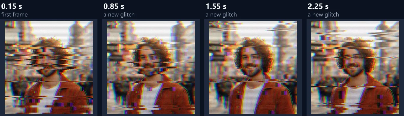 Four frames from the glitch loop at different moments, each with the slices and blocks in different places