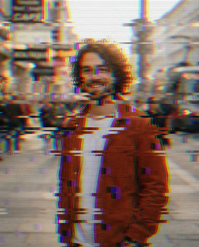 The street portrait with the digital glitch preset: sliding bands, a colour split and a few broken blocks
