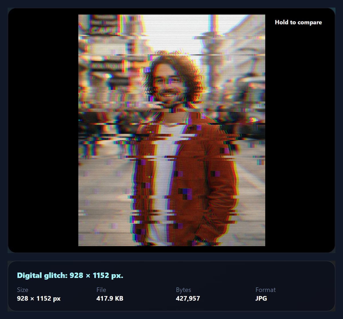 The glitch effect generator showing a street portrait with sliding bands, a colour split and scanlines