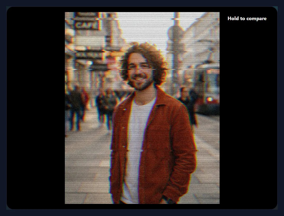 The street portrait with the VHS tape preset: heavy scanlines, grain and a slight colour bleed