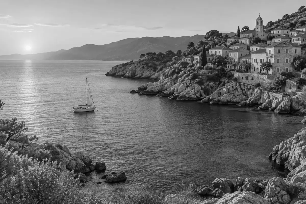 A coastal sunset photo in grayscale, as downloaded