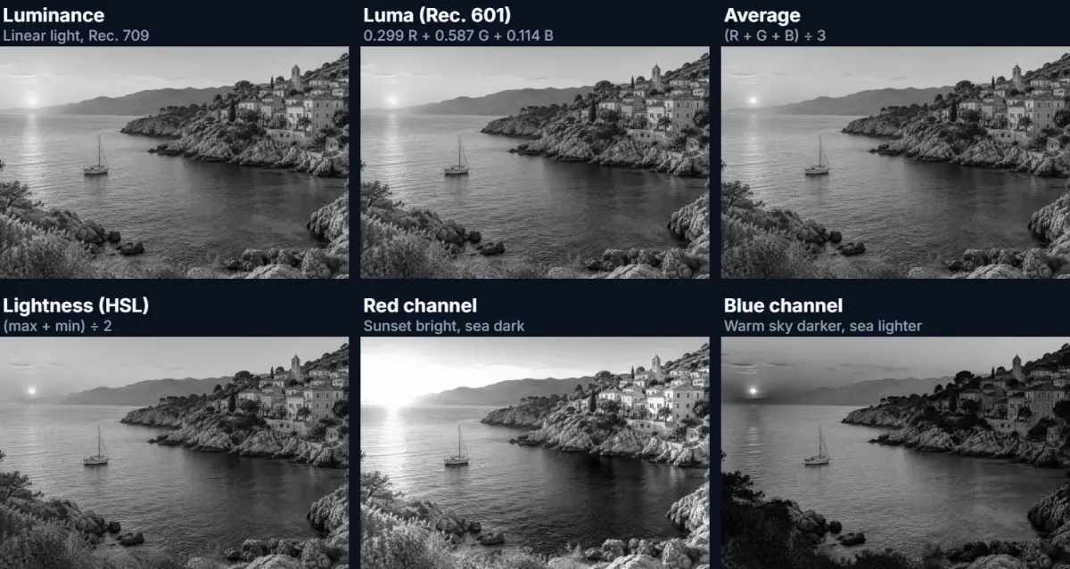 The coastal sample converted to grayscale six different ways