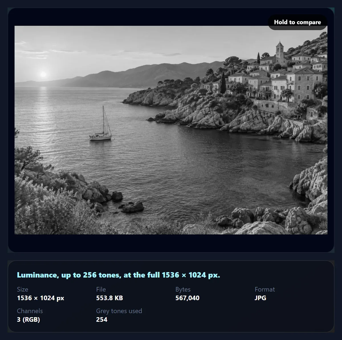 The grayscale tool with nine method thumbnails of the sample