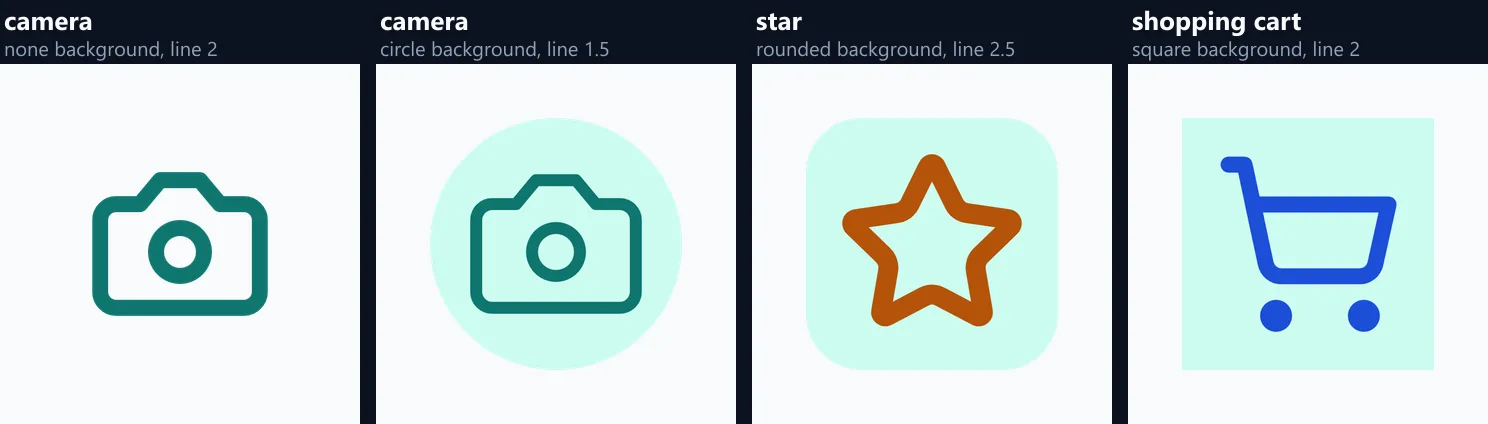 Four icons: a red heart, a camera on a mint circle, an orange star on a cream rounded square, and a blue shopping cart on a light blue square