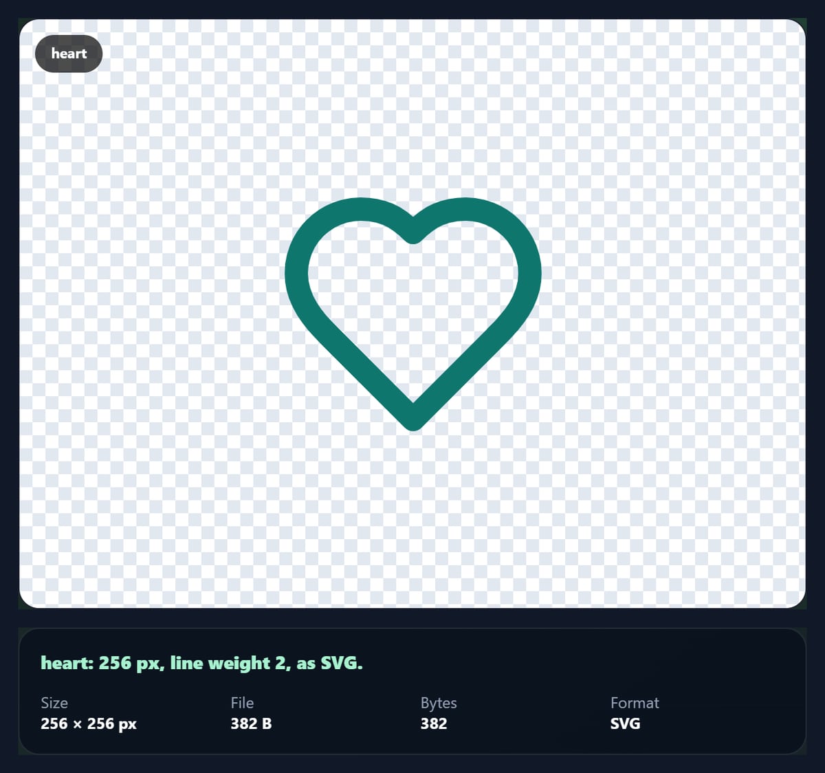 The icon tool with a teal heart icon on a transparent background and the result panel