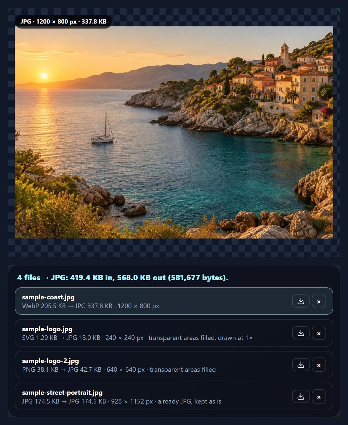 The image converter with four sample files converted to JPG