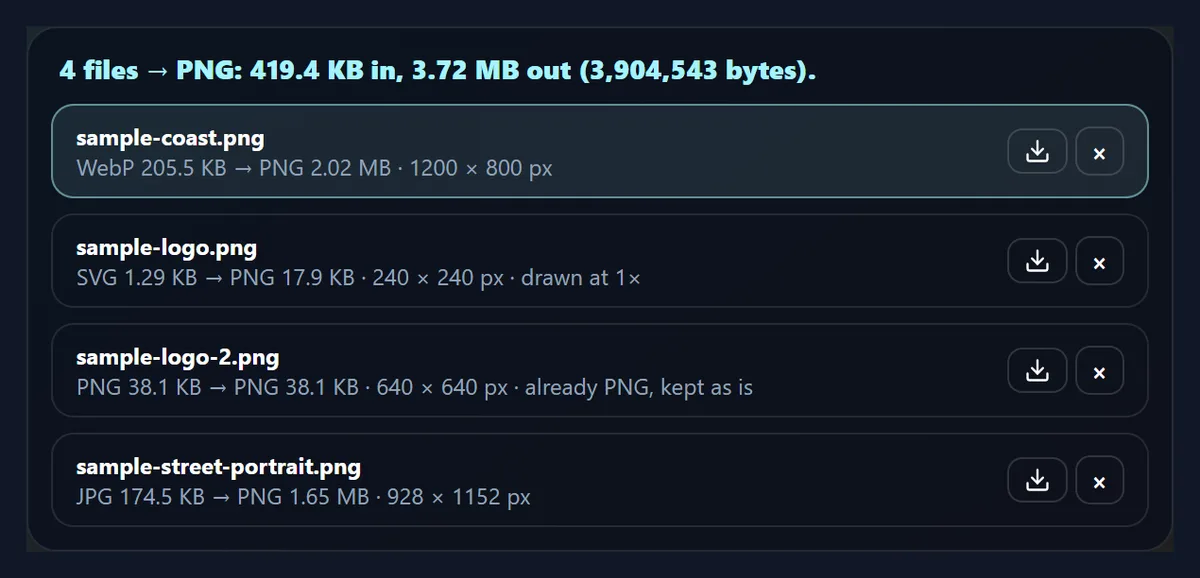 The converter list after converting four files to PNG