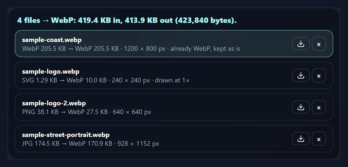 The converter list after converting four files to WebP