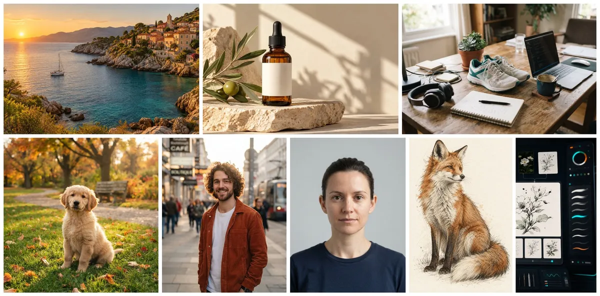 A montage of a coastline, a serum bottle, a desk, a puppy, two portraits, a fox sketch and a drawing app