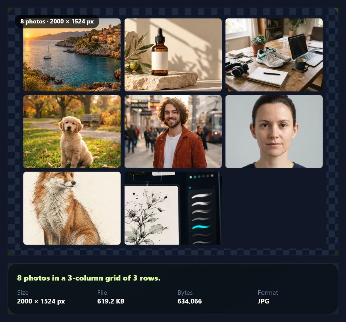 Eight photos in a grid of landscape cells with dark spacing and rounded corners
