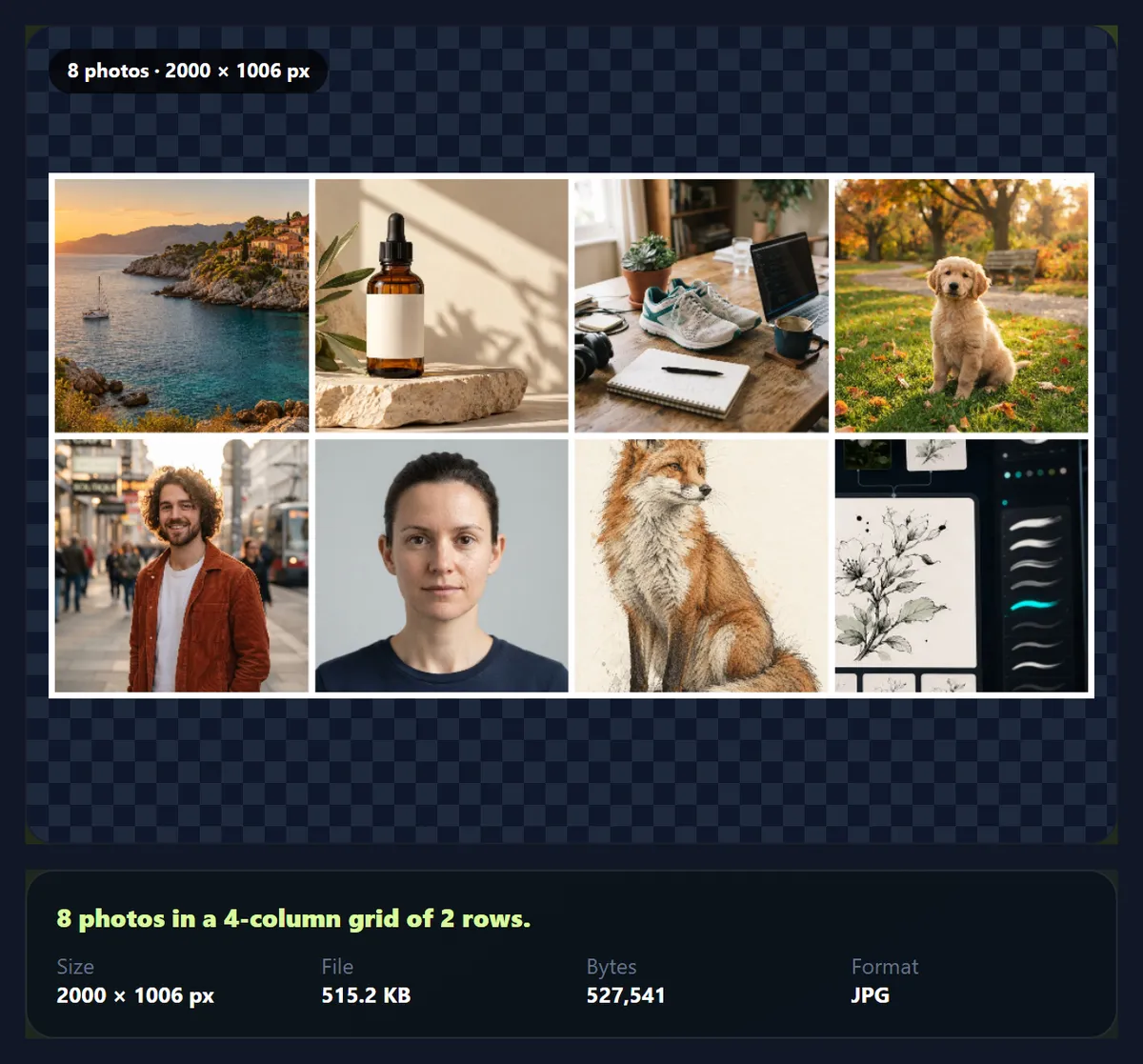 Eight photos in an even grid of square cells, four columns by two rows