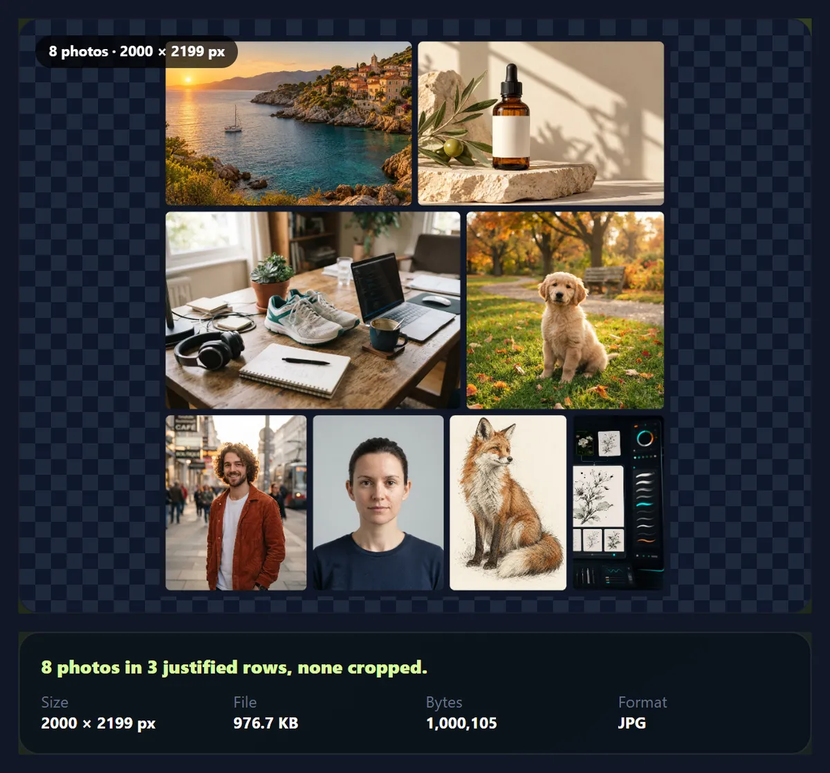 Eight photos in three justified rows that each fill the full width