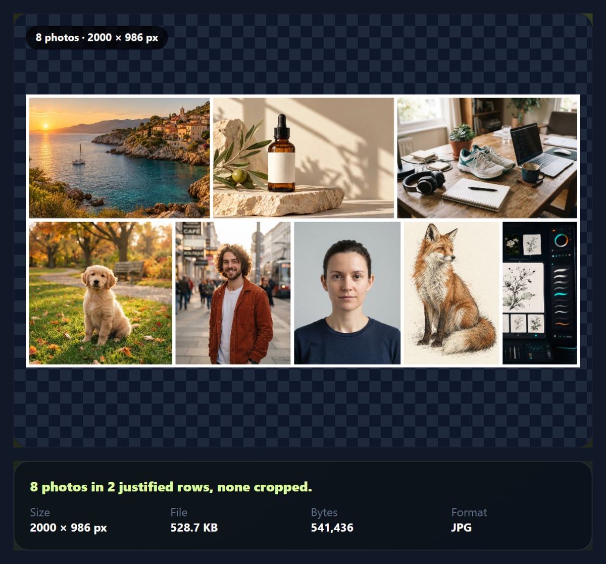 The image montage tool with eight photos in two justified rows