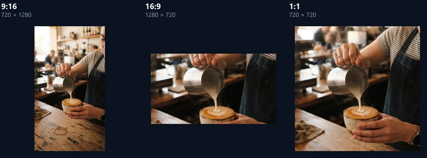 The same moment of the slideshow at 9:16, 16:9 and 1:1, each filled edge to edge with the latte photo