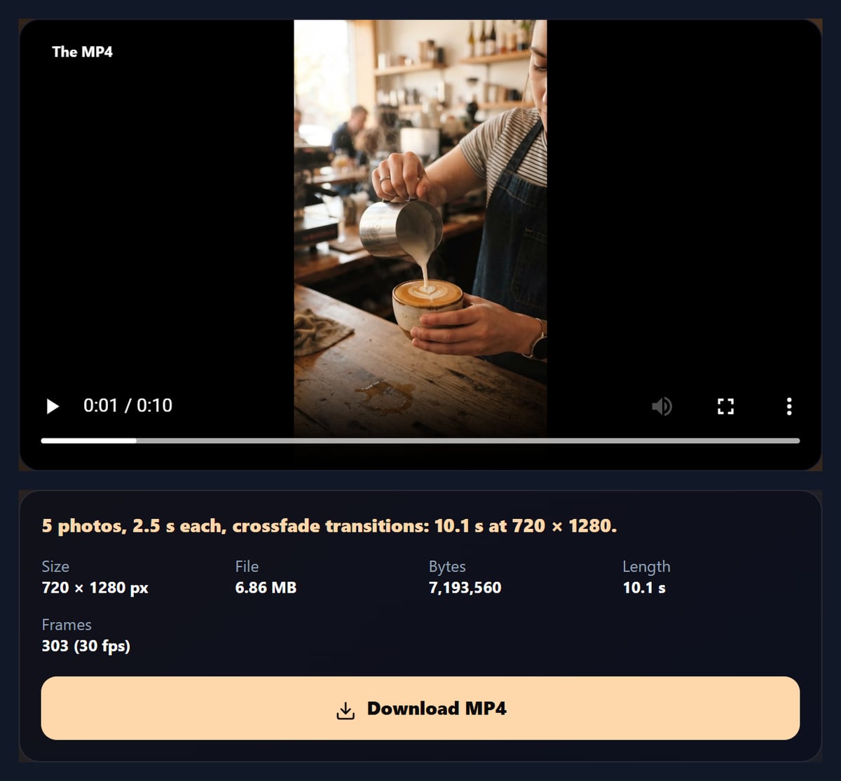 The images to video tool with the finished 9:16 slideshow of the café photos and its details: 10.1 seconds, 720 by 1280, 303 frames