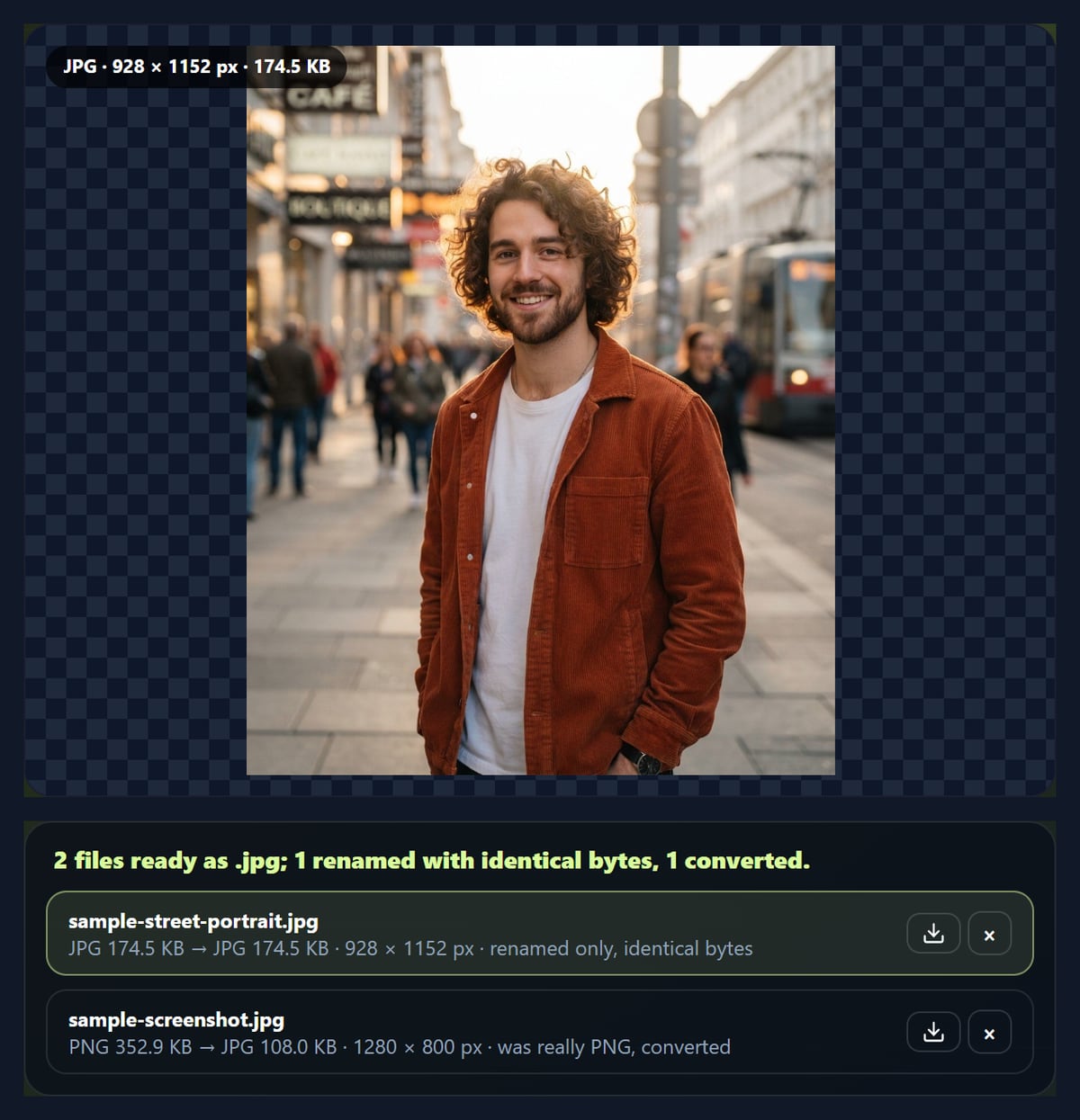 The JPEG to JPG tool with one file renamed and one converted