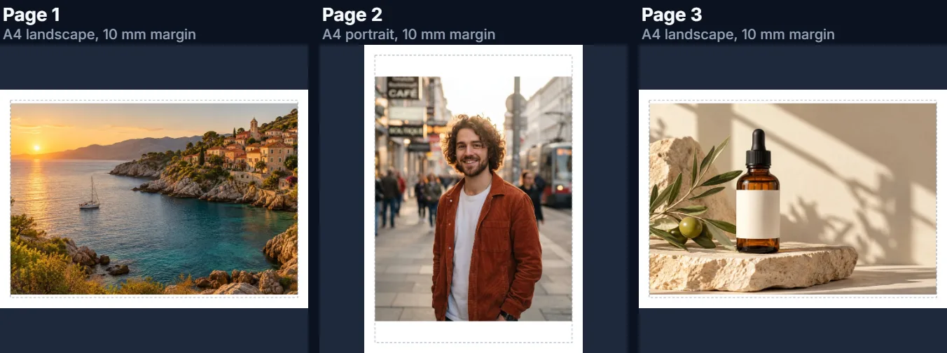 Three PDF pages side by side: two landscape and one portrait, each with a photo inside a margin