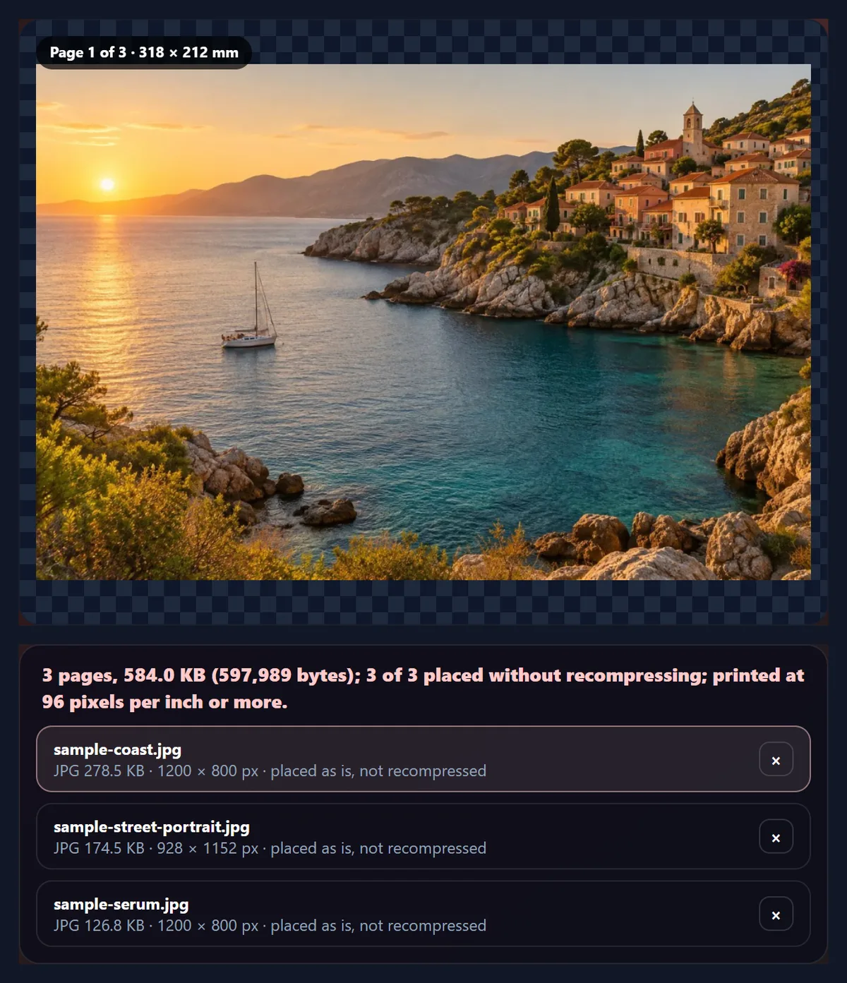 The PDF tool with pages the same size as each image and no margin