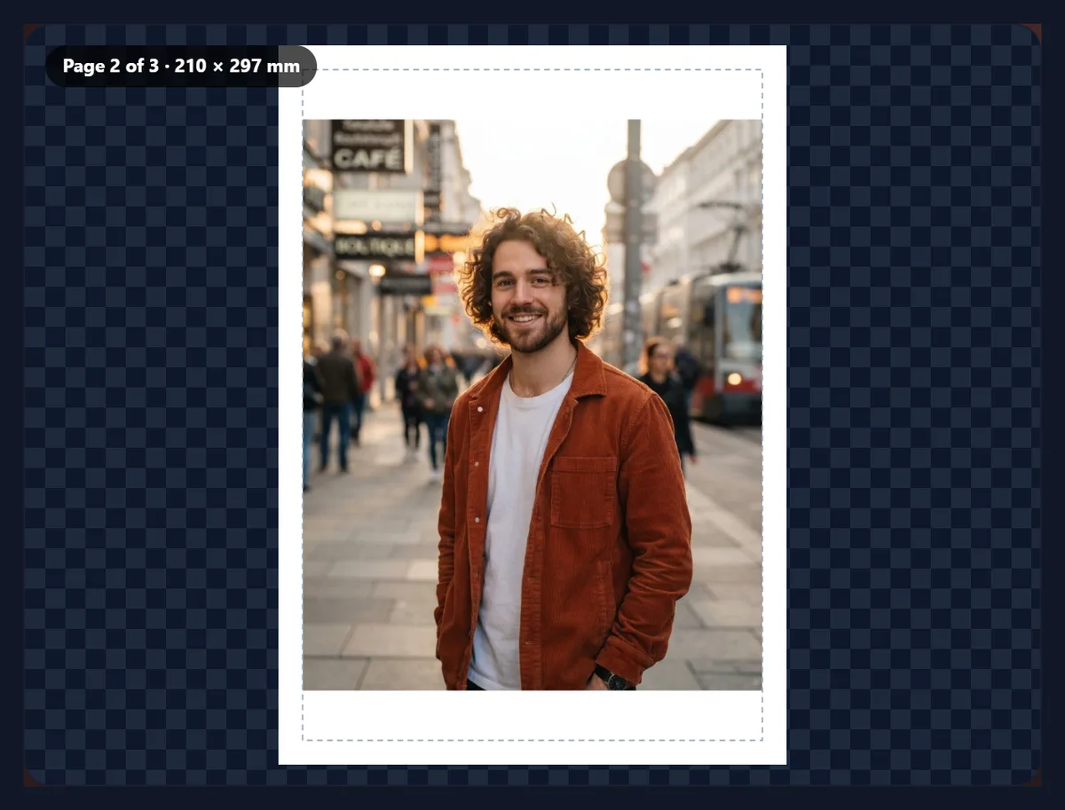 A portrait photo placed on an upright A4 page