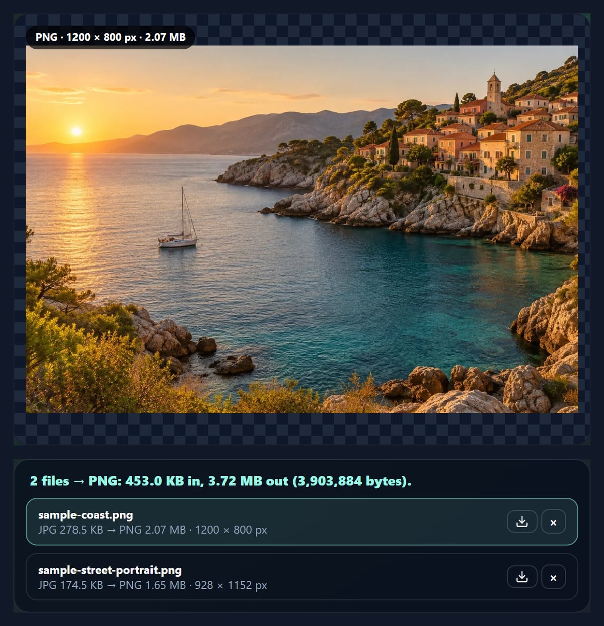 The JPG to PNG converter with two photos converted