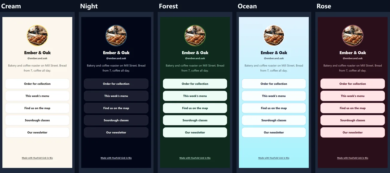 The Ember & Oak page in the five looks side by side: Cream, Night, Forest, Ocean and Rose, each with the croissant photo, the name, the line about the bakery and five buttons
