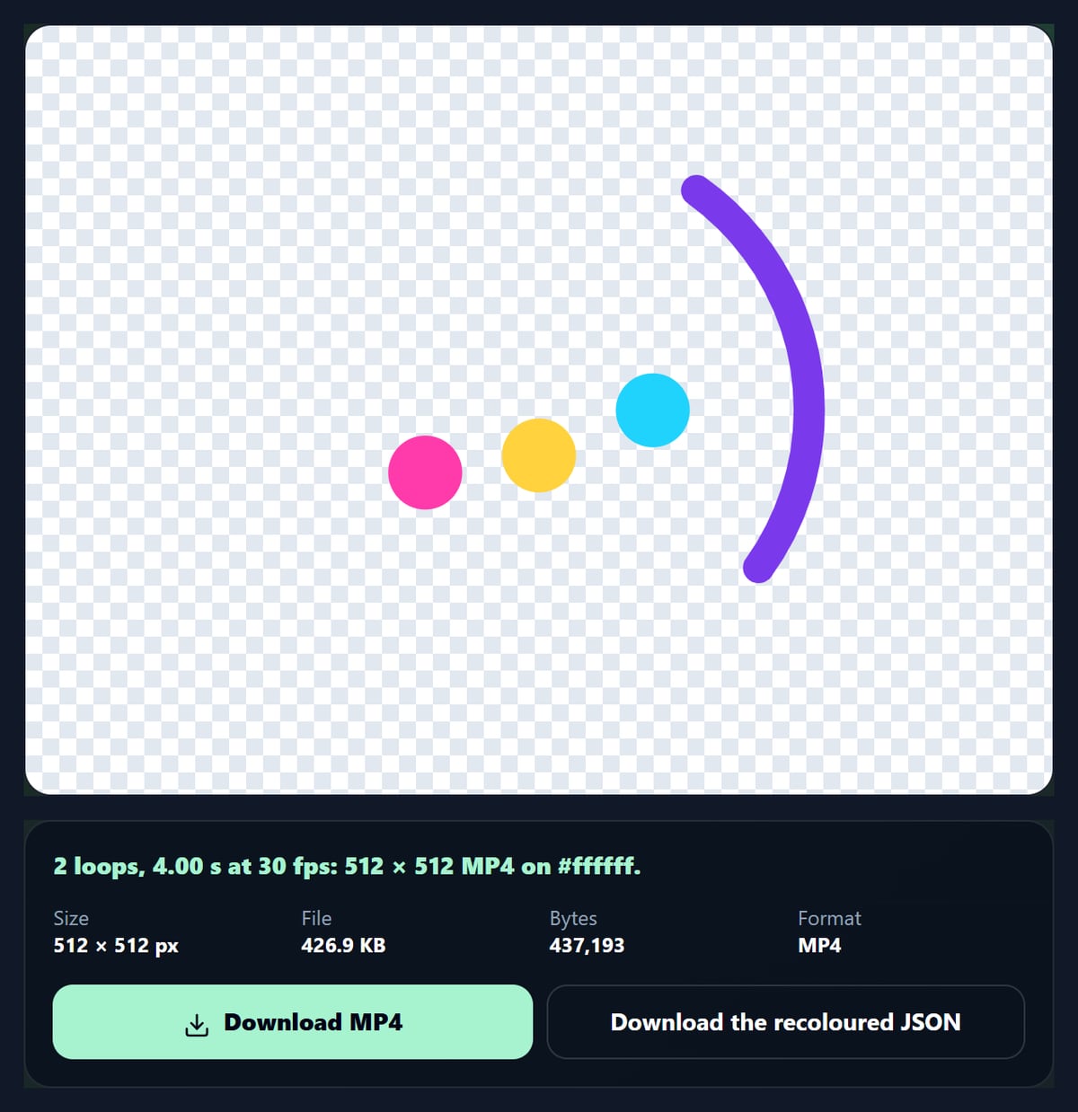 The Lottie animation player with the sample loader animation, its details and an MP4 export