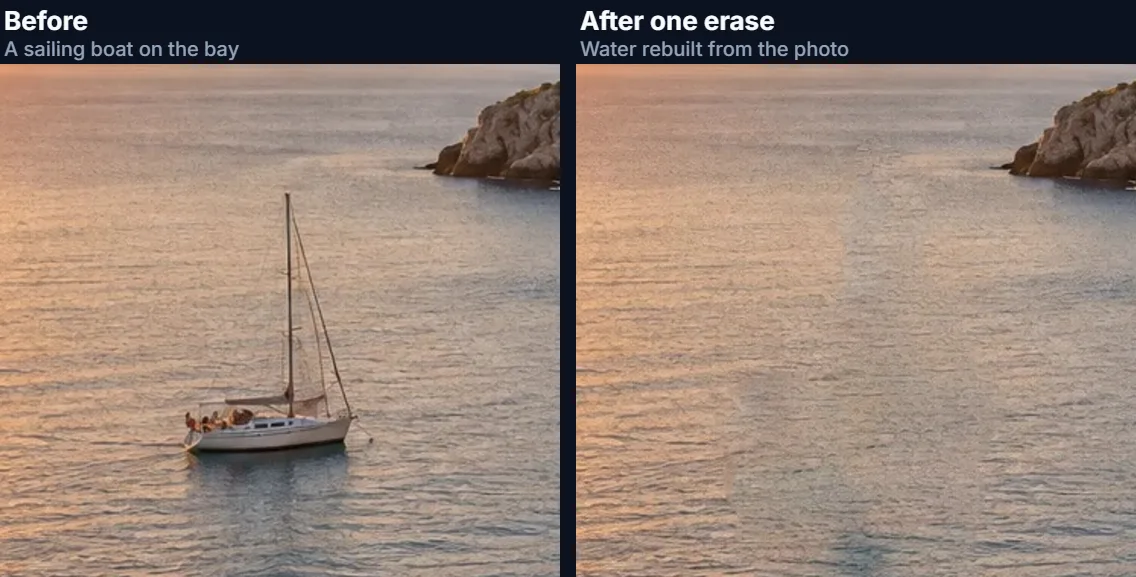 A sailing boat on a bay, before and after it is erased