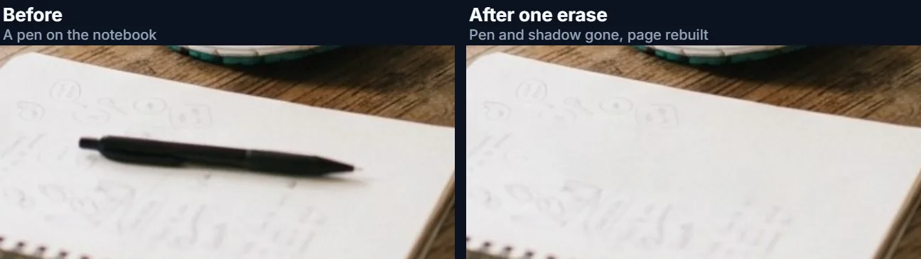 A pen lying on a notebook, before and after it is erased