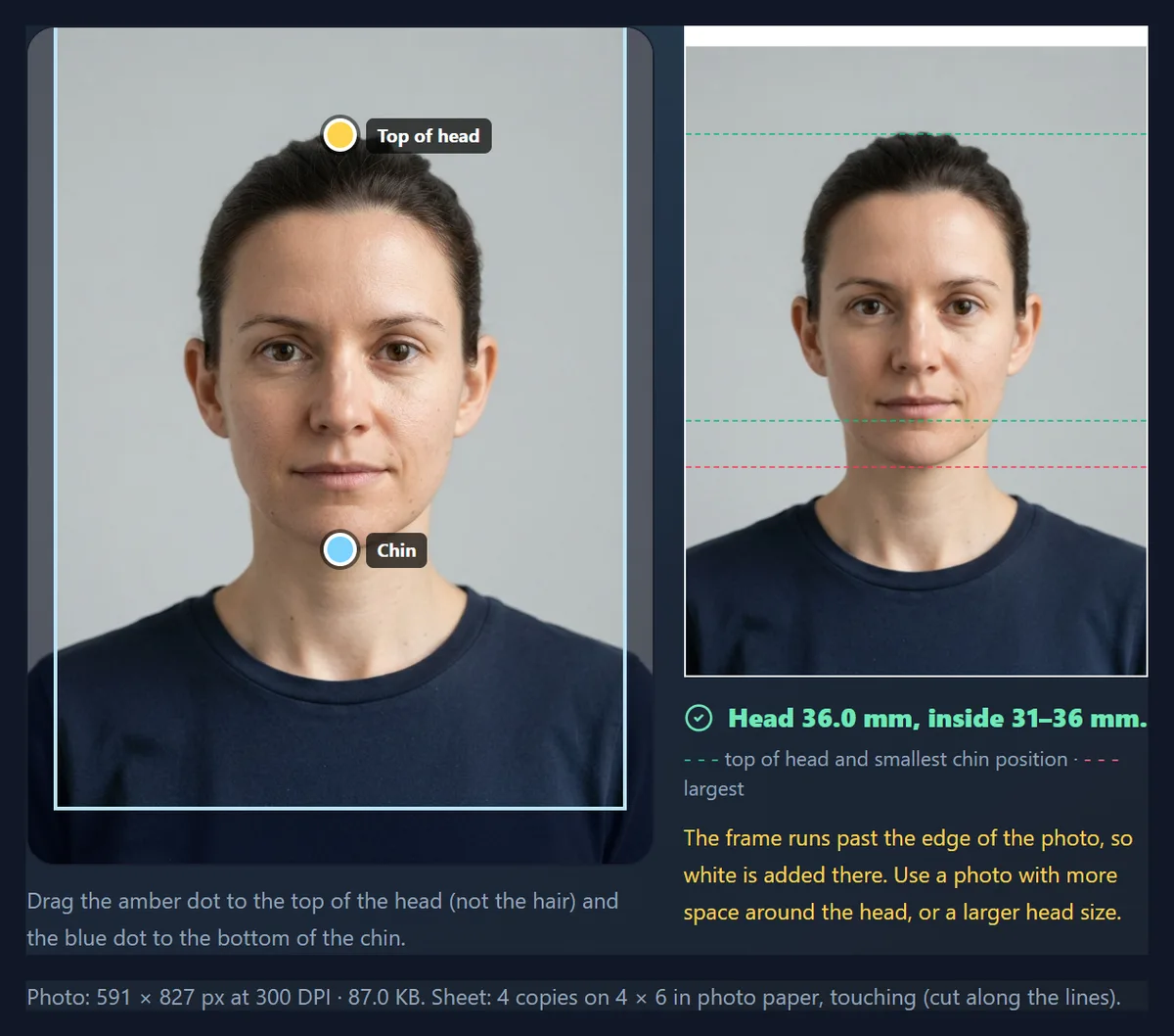 The passport tool warning that a Canadian 50 by 70 mm frame runs past the top of the photo