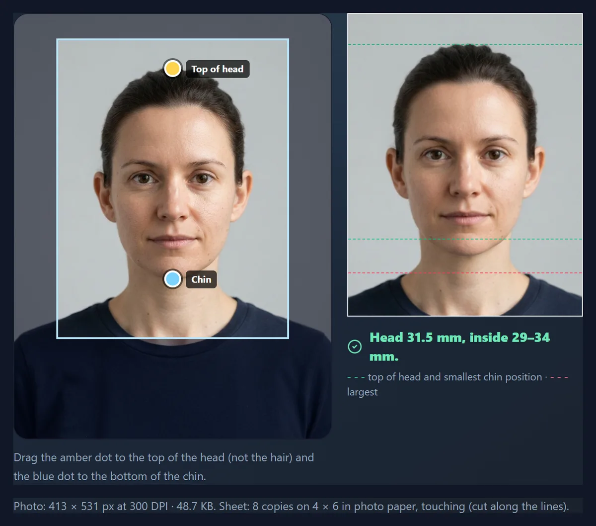 The passport tool set to the UK size with the head measured at 31.5 mm