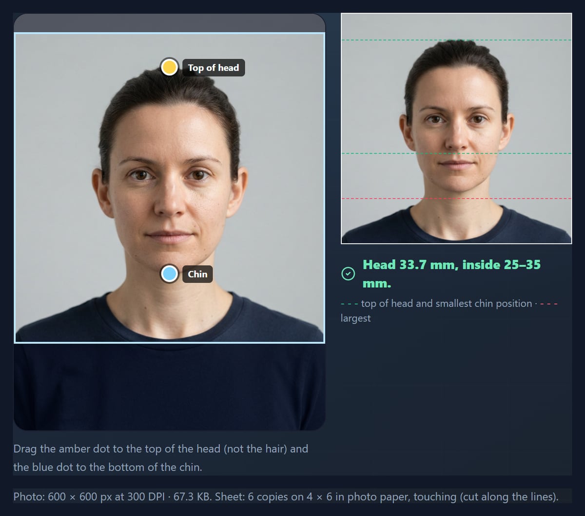 The passport photo tool framing a portrait at 2 by 2 inches with the head measured at 33.7 mm