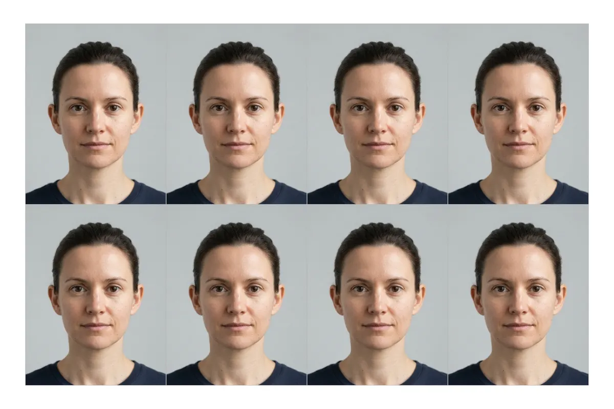 A 4 by 6 inch print sheet with eight 35 by 45 mm passport photos and cut lines