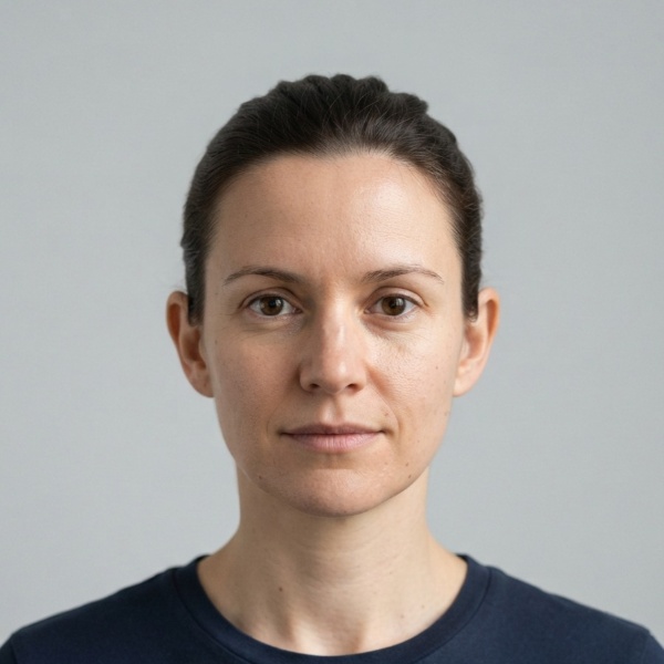 A finished 2 by 2 inch passport-style photo of a fictional person
