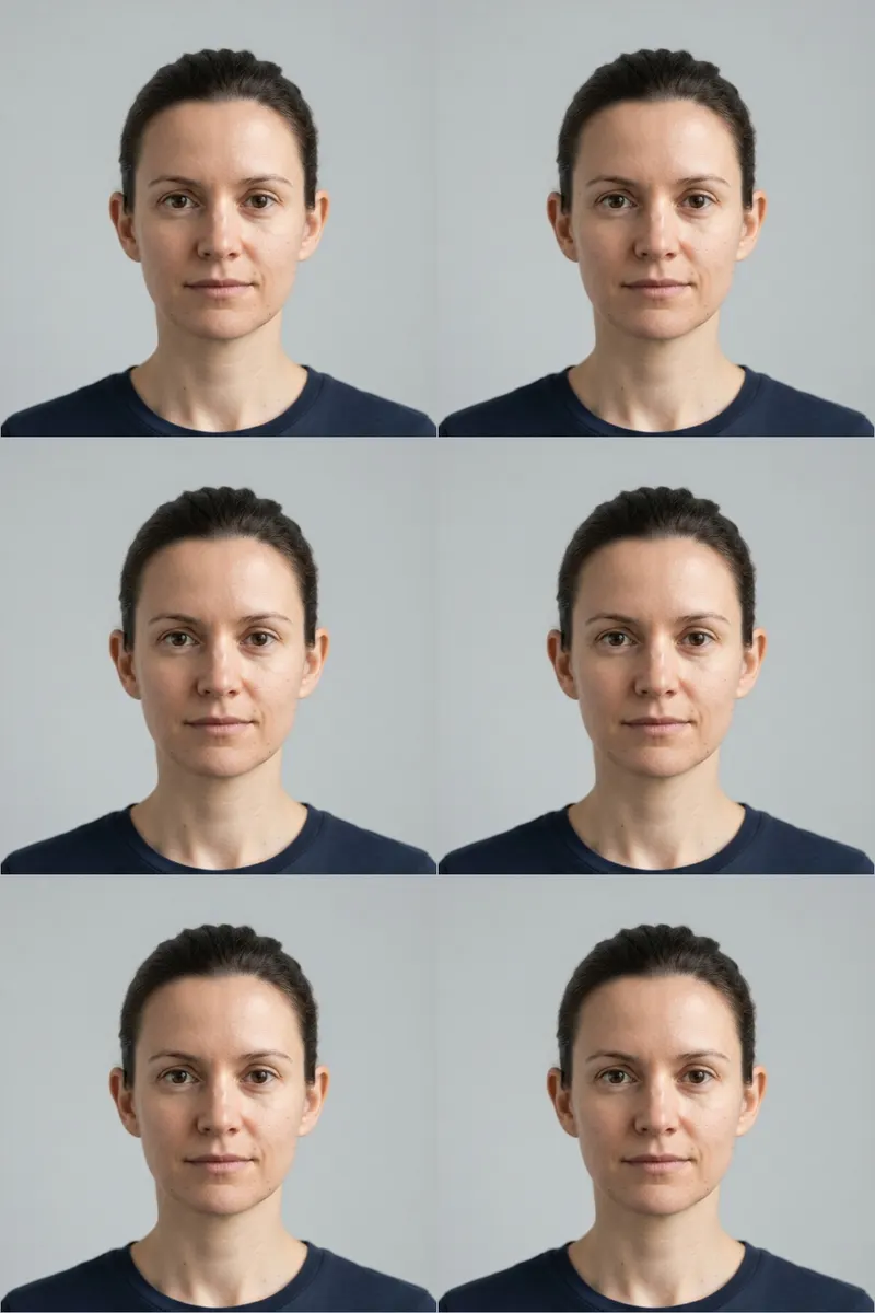 A 4 by 6 inch sheet with six 2 by 2 inch photos