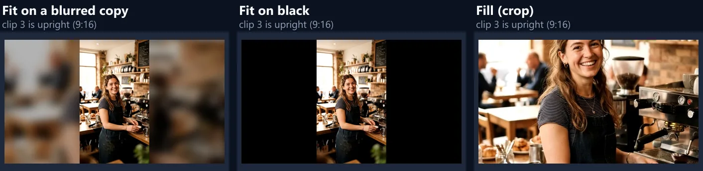 The upright barista clip in a wide video three ways: on a blurred copy of itself, on black, and filled edge to edge with the top and bottom cropped
