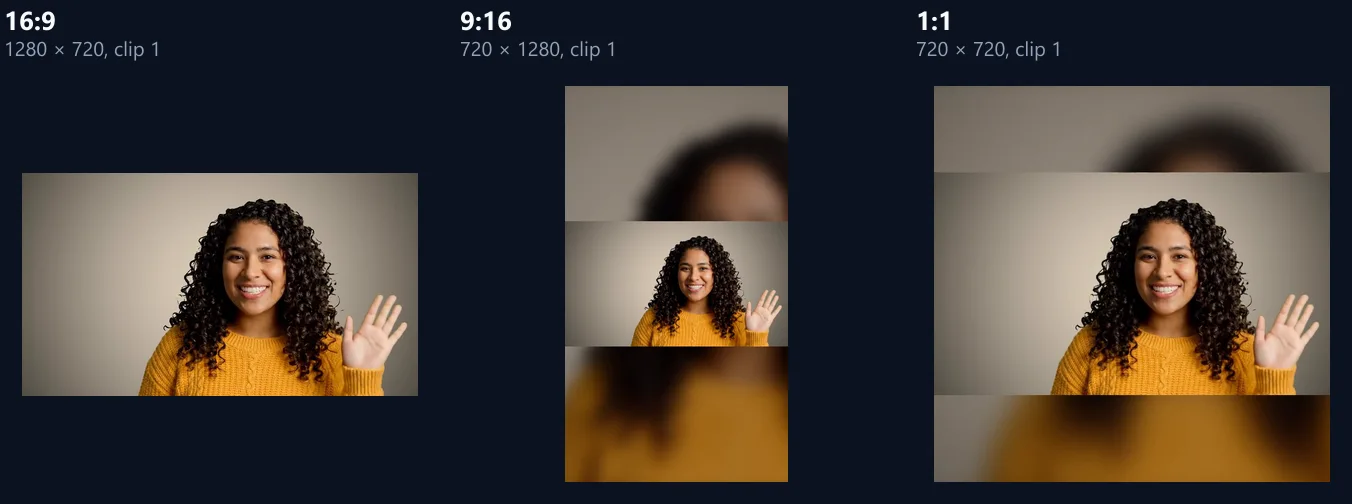 The first sample clip in the merged video at 16:9, 9:16 and 1:1: the 9:16 and square versions show the waving woman on a blurred copy of the frame