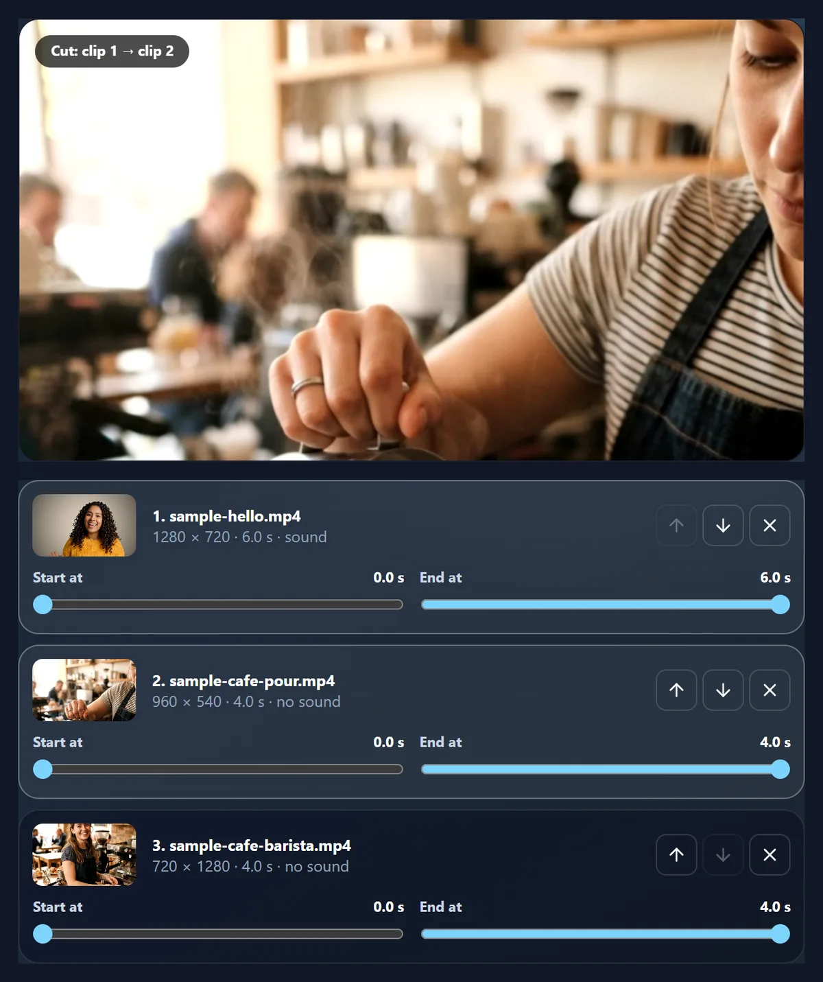 The merge videos tool with three clips in a list: the waving woman, a latte being poured and an upright barista clip, each with its trim sliders
