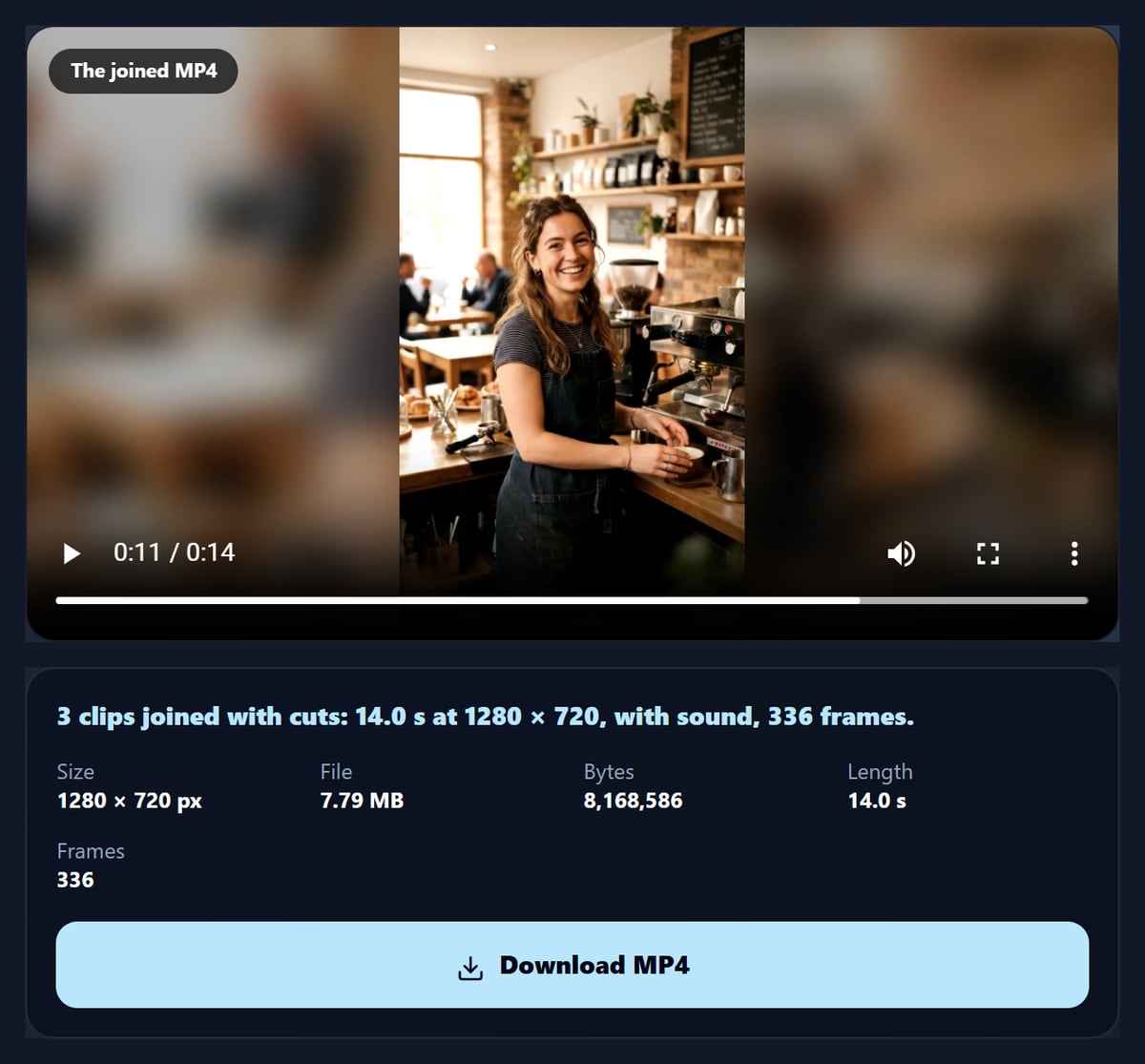 The merge videos tool with the joined MP4 of the three sample clips, showing the upright barista clip on a blurred copy, and its details: 1280 by 720