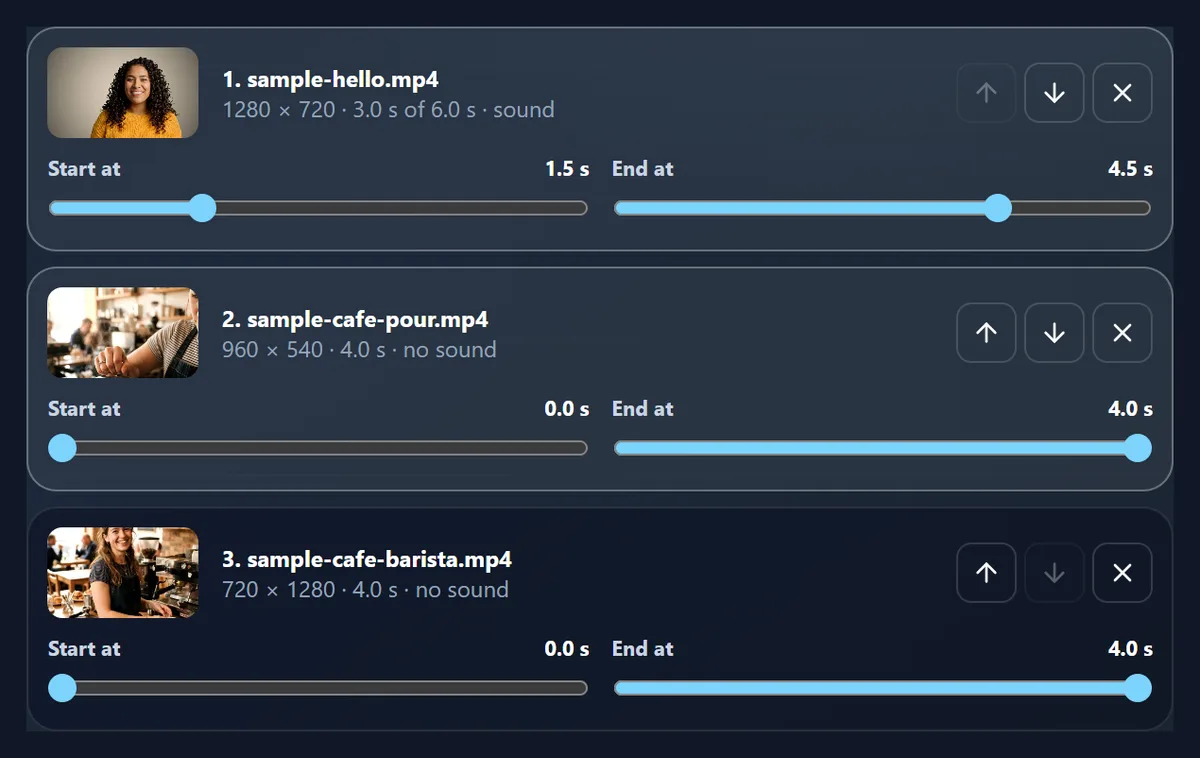 The clip list with the first clip trimmed to start at 1.5 seconds and end at 4.5