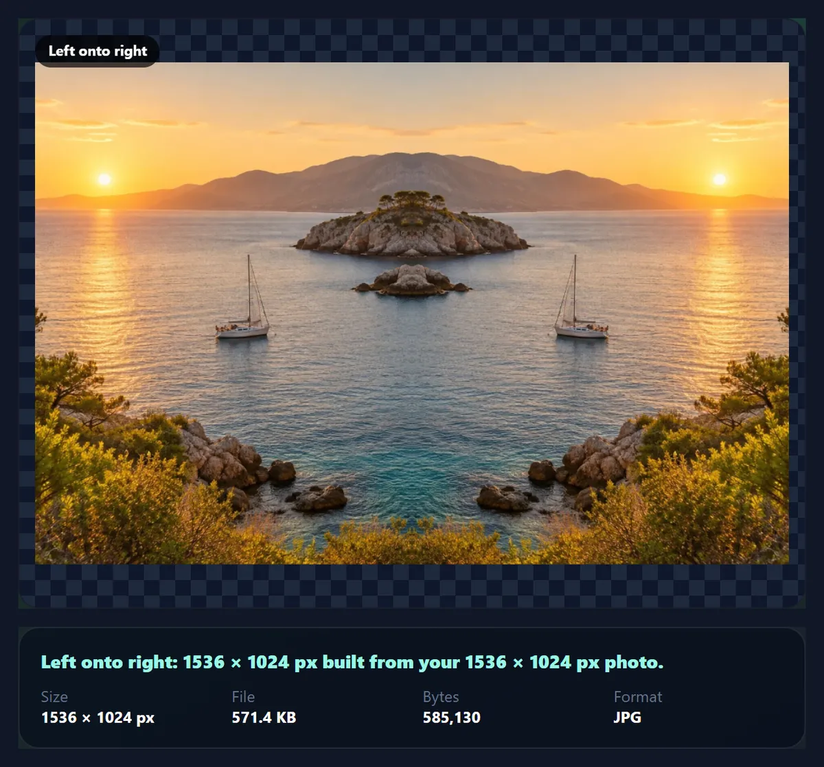 The coastal photo with its left half mirrored onto the right