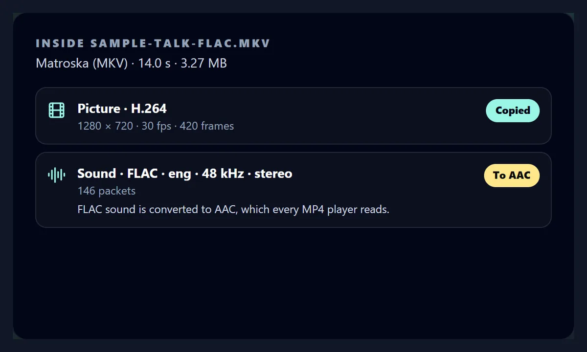 The tool listing an MKV with an H.264 picture to copy and FLAC sound marked To AAC