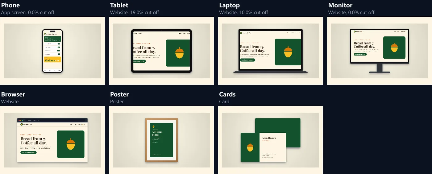 Seven mockups made by the tool on a cream background: the app screen on a phone, the café website on a tablet on its side with 19.0% cut off, on a laptop with 10.0% cut off, on a monitor, and in a browser window, the autumn menu poster in an oak frame, and the business card with a green back card behind it