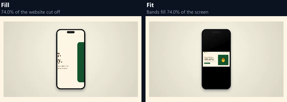 The café website on an upright phone twice: with Fill, the middle of the website fills the screen and 74.0% of it is cut off; with Fit, the whole website sits in a band across the middle with empty space above and below