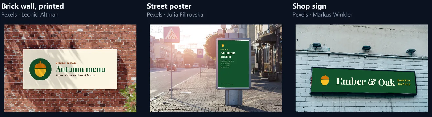 The three sample scenes made by the tool: the autumn menu banner printed on the brick wall, the autumn menu poster in the street poster stand, and the green café sign on the wall sign