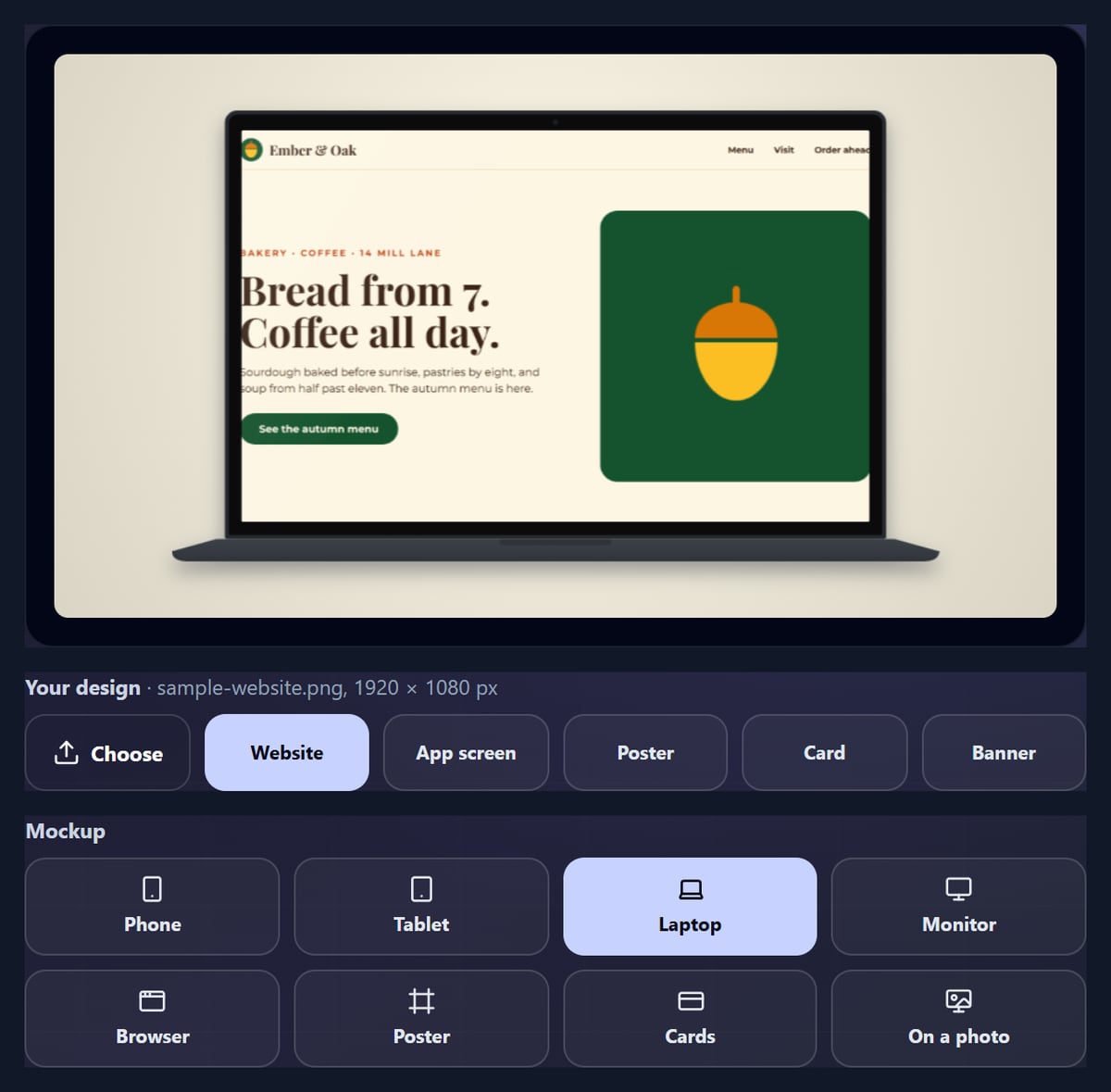 The mockup tool showing the Ember & Oak café website on a graphite laptop on a cream background, with the design choices (Choose, Website, App screen, Poster, Card, Banner) and the eight mockups below it
