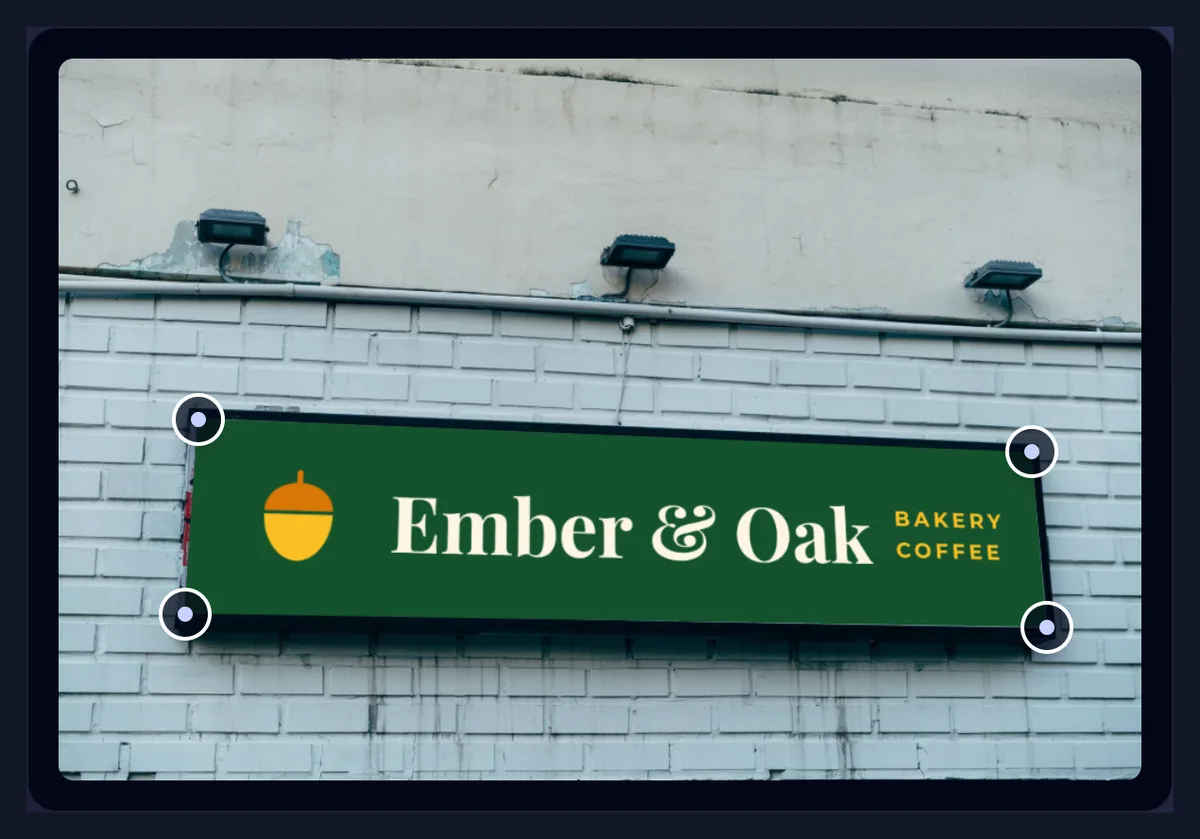 A shop sign on a white brick wall photographed from below and to the left, now showing the green Ember & Oak sign design in the same perspective, wider on the right