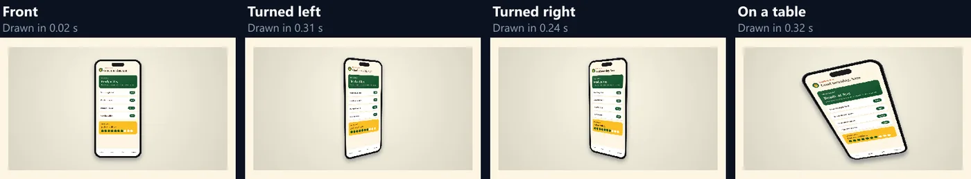 The app screen on the phone in four views: front, turned left, turned right and lying on a table, each with the time the tool took to draw it