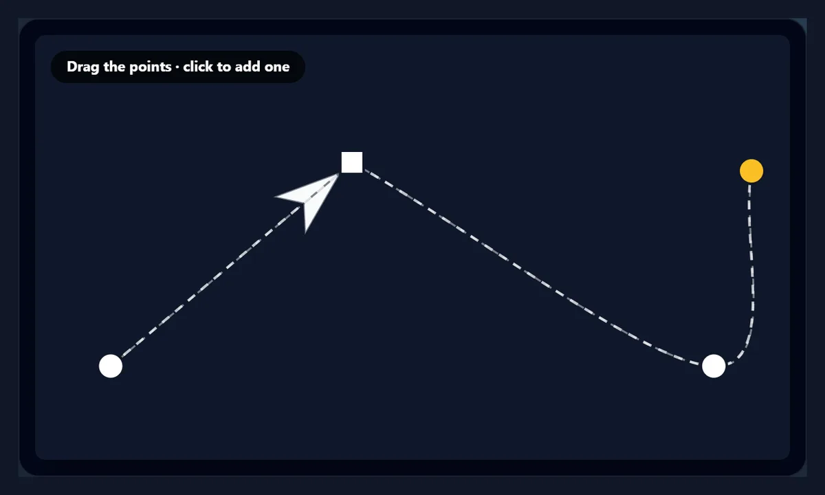An edited arc path: a square corner point near the top left where the line turns sharply, a smooth curve down to the right, and a new point added at the far right shown in yellow