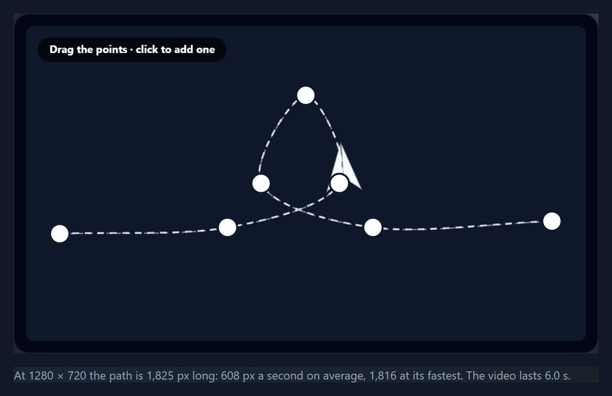 The motion path tool with a paper plane flying along a dashed loop-the-loop path